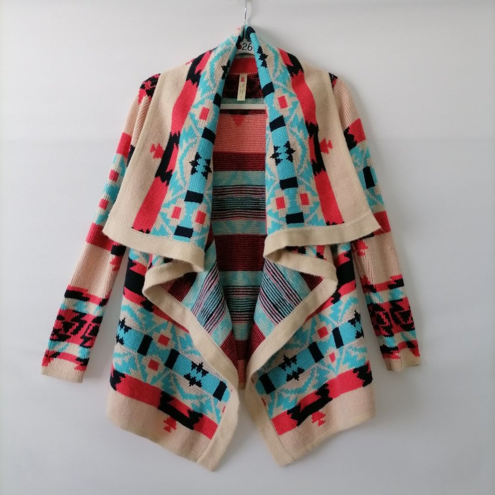 Alice Moon Womens Multicolor Shawl Neck Geometric Open Front Cardigan Size S